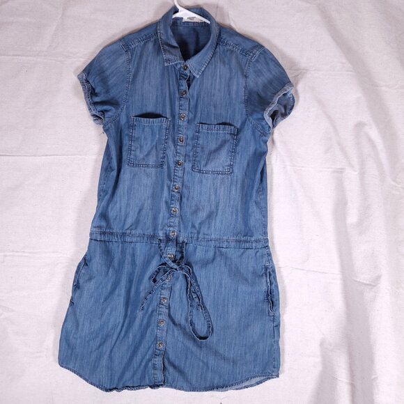 Silver Jeans Shirt Dress Medium Chambray Blue Denim-Like Button Front Drawstring - Picture 1 of 13